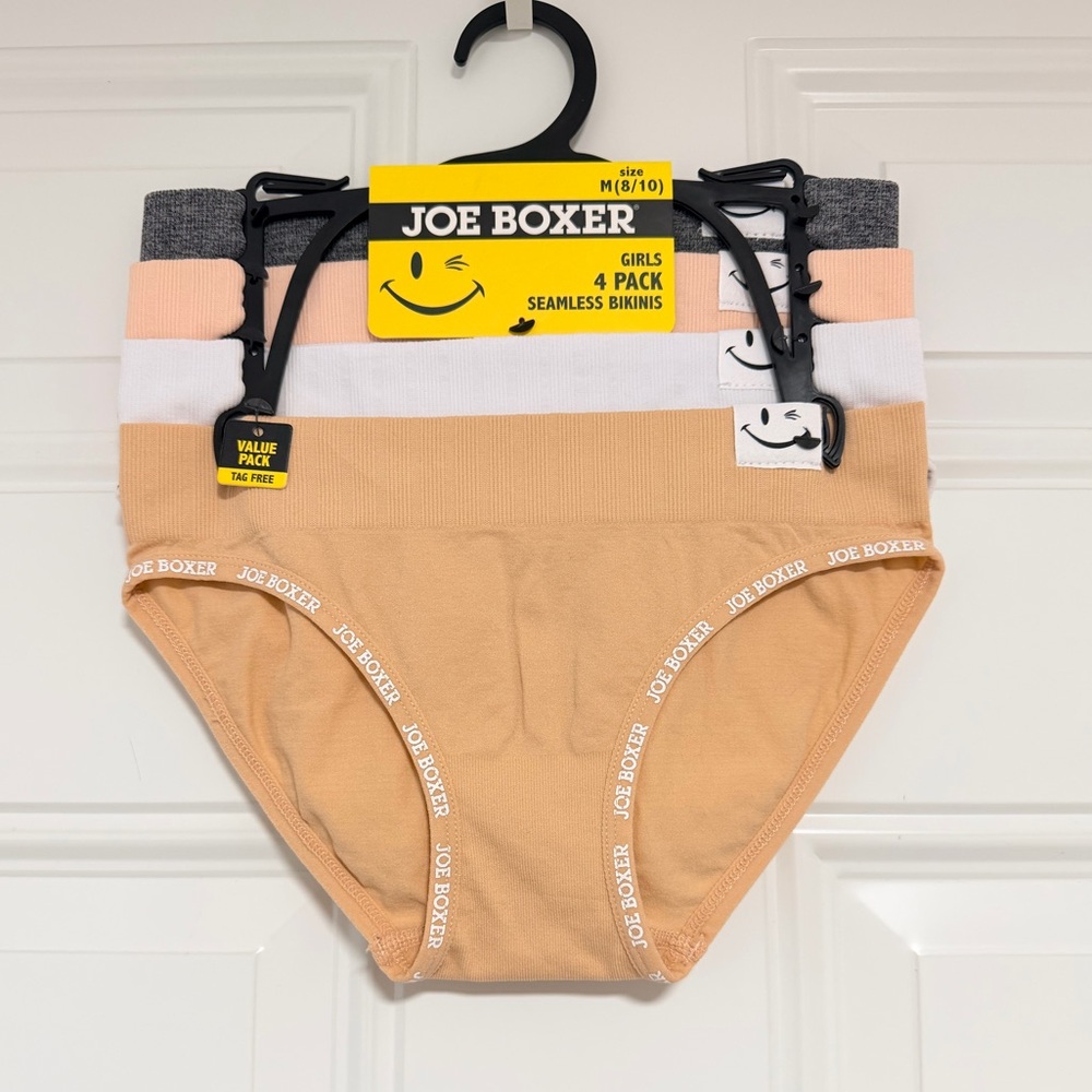 Joe Boxer Girls 4-Pack Seamless Bikini Underwear - Peach, White, Gray, Blush